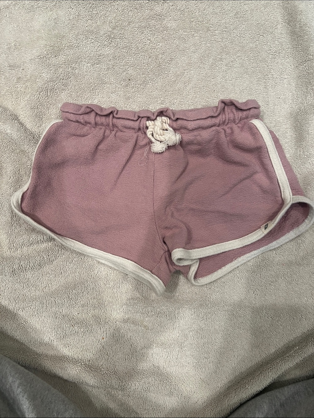 Girls Mauve Pink Knit Ruffle Waist Shorts with White Trim